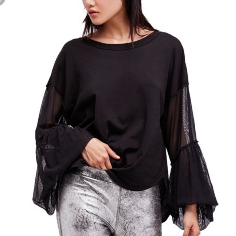Free People‎ Still Got It Black Mesh Bell Sleeve Oversized Shirt Womens XS T